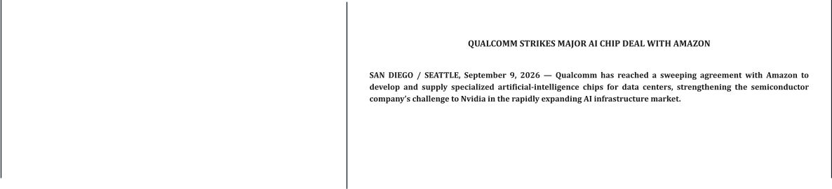 QUALCOMM STRIKES MAJOR AI CHIP DEAL WITH AMAZON   SAN DIEGO / SEATTLE, September 9, 2026 — Qualcomm has reached a sweeping agreement with Amazon to develop and supply specialized artificial-intelligence chips for data centers, strengthening the semiconductor company’s challenge to Nvidia in the rapidly expanding AI infrastructure market.